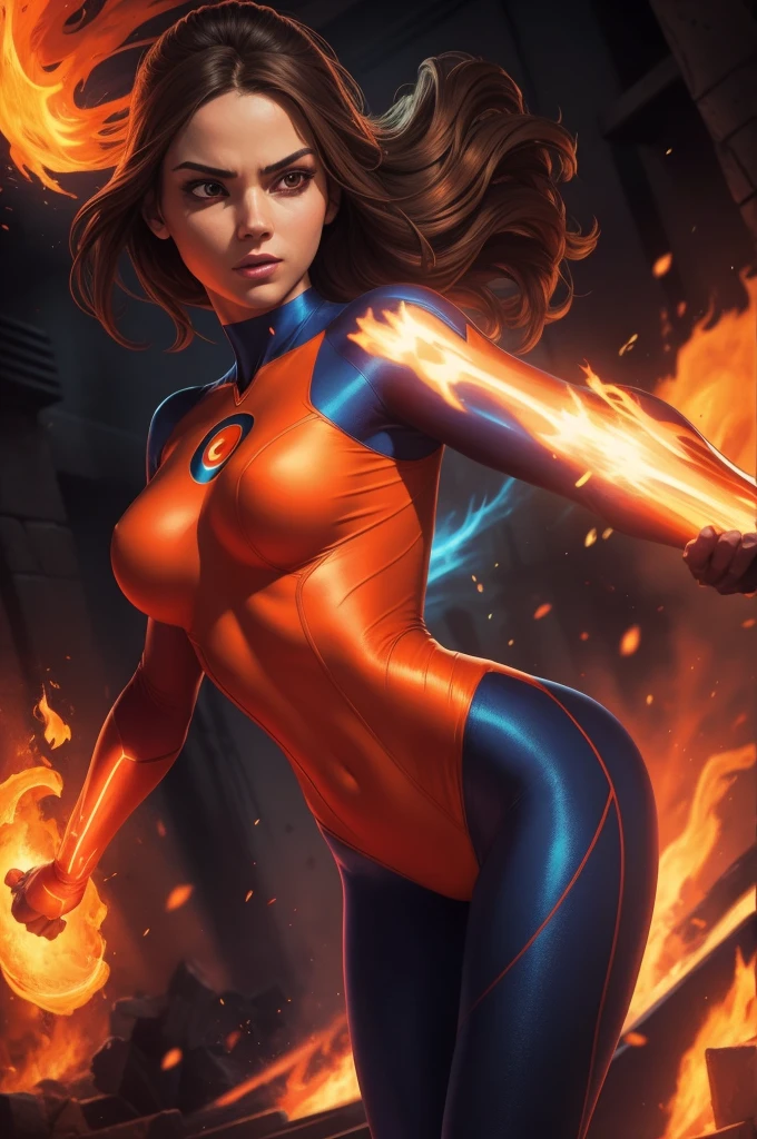 Create a breathtaking masterpiece,Shows a beautiful girl unleashing her fire superpowers, Elegant portrait reminiscent of a modern Rembrandt, A blend of beauty and power. Imagine her as charming as Fireman from Fantastic Four, A pair of piercing neon orange e5 eyes glowed in the flames that surrounded her. Fashionable, Fitted neon orange lycra bodysuit, She exudes an aura of exhilarating intensity and power.. Her upper body should be the center of the portrait., Capture her in a strong and dynamic pose