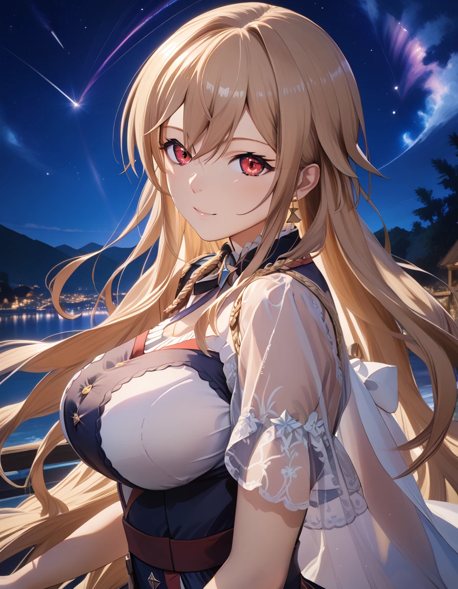 (masterpiece),(Highest quality),(Very detailed),(Best illustrations),(Best Shadow),(Absurd),(Detailed Background),(so beautiful), 4K, 8k,

anime style,

frnel, very long hair, blonde  hair, brown hair, bangs, red eyes, hair between eyes, large breasts, 

Detailed eyes,
heart,
(smile:0.5),

late night,
Stars, Shooting star,
Night view,
from side,
cowboy shot,
realistic background,
Background Blur,