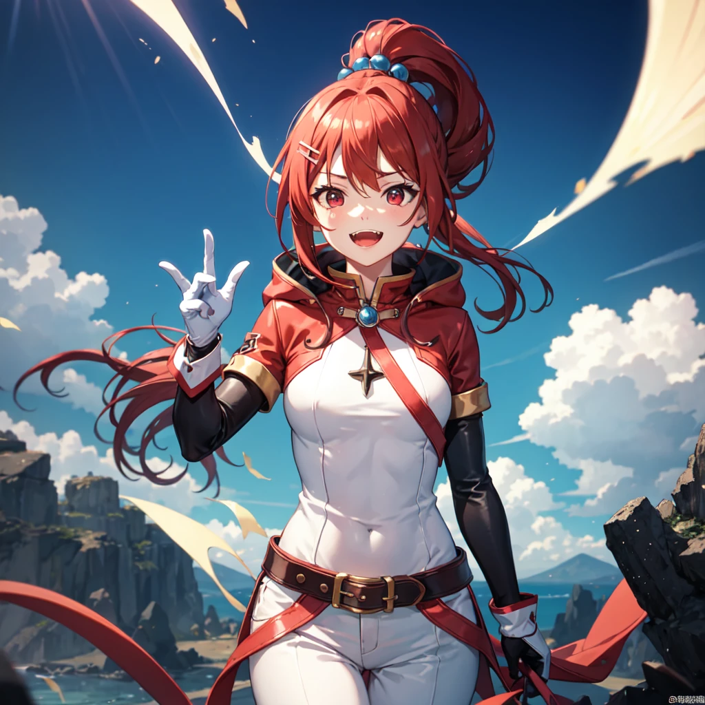 Best Quality, pretty Woman, Red hair, by the wide, Red eyes, Upper part of the body, single horns, medieval clothing, White tshirt, brown worker pants, unused hood, Pretty Woman, open mouth smile showing small fangs, soft body, slender, normal breasts, firm and round. Leather biker gloves. Brown tunic. konosuba style. age Woman. with hair ornament. Ponytail hairstyle.