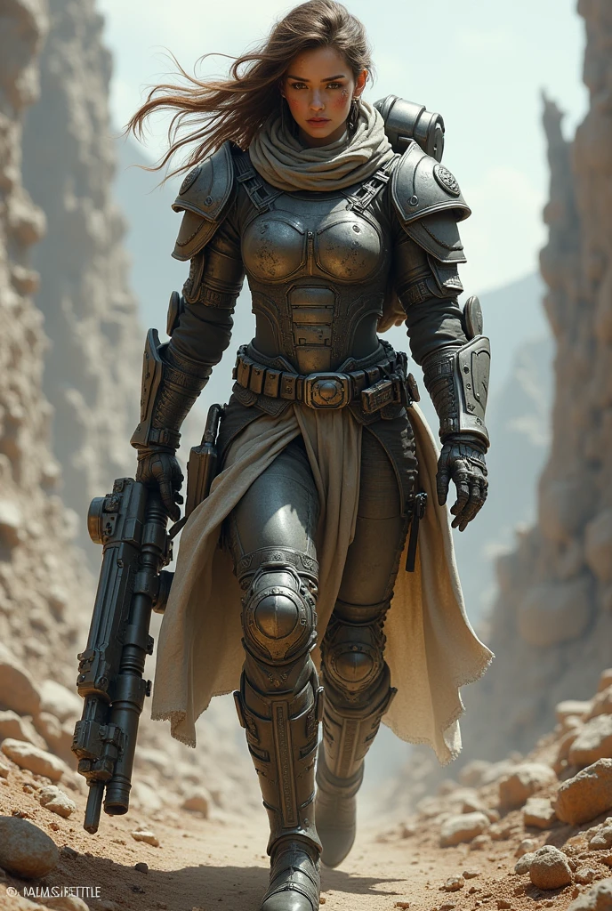 Female warrior in an apocalyptic world with powerful weapons and a devastated world.
