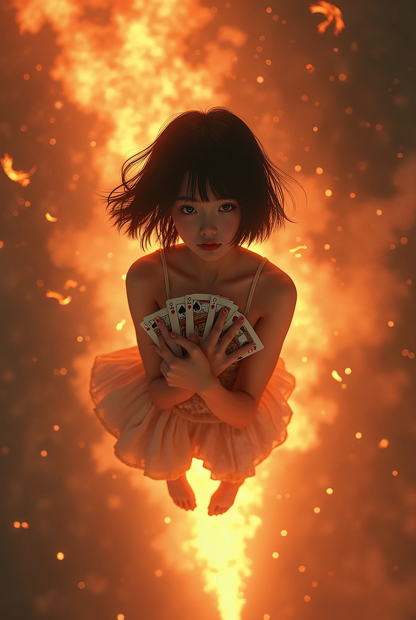 Beautiful girl、Japanese、Black Hair、Bobcut、Atmospheric Entry、Falling to Earth while burning、Cards in arms