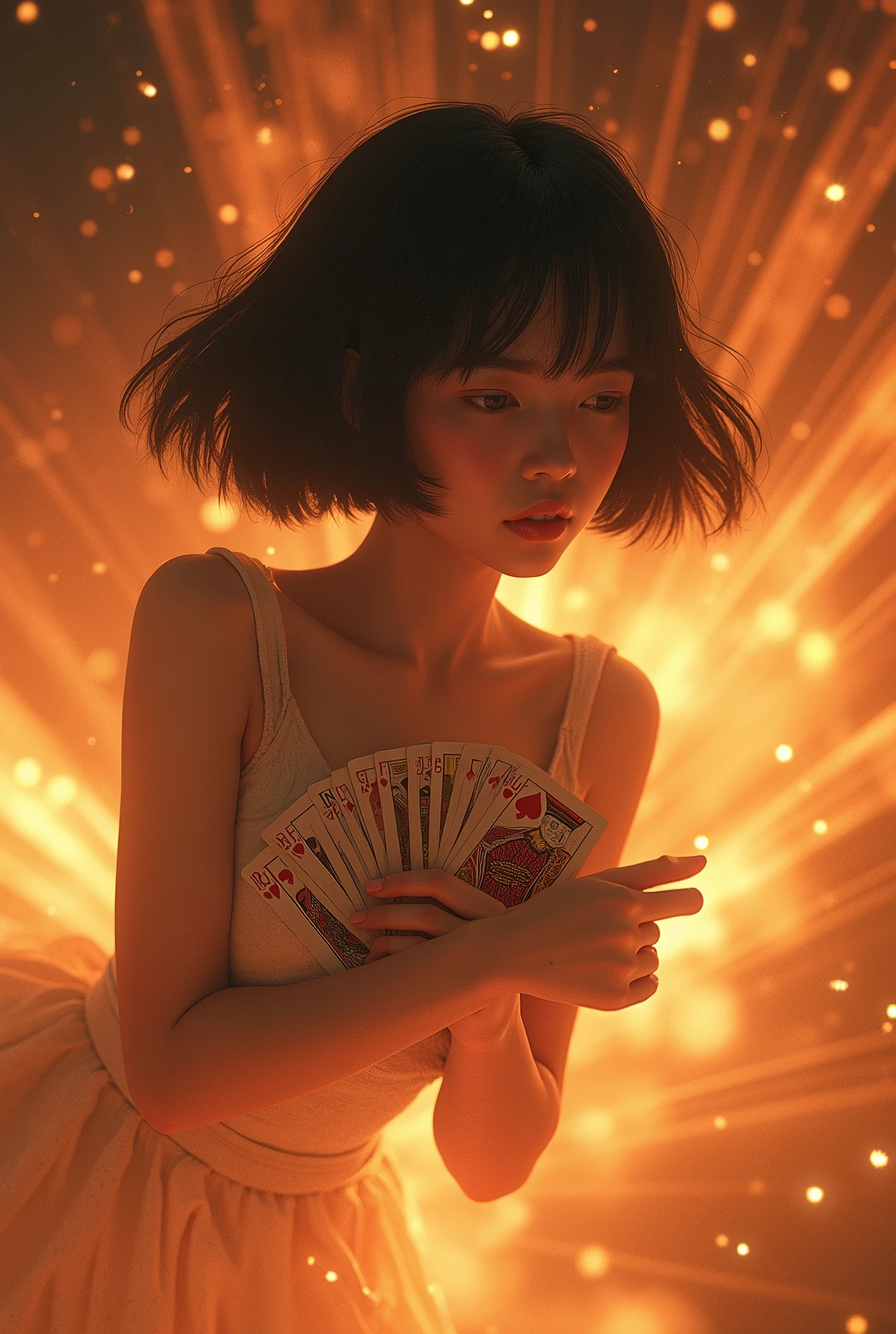 Beautiful girl、Japanese、Black Hair、Bobcut、Atmospheric Entry、Falling to Earth while burning、Cards in arms