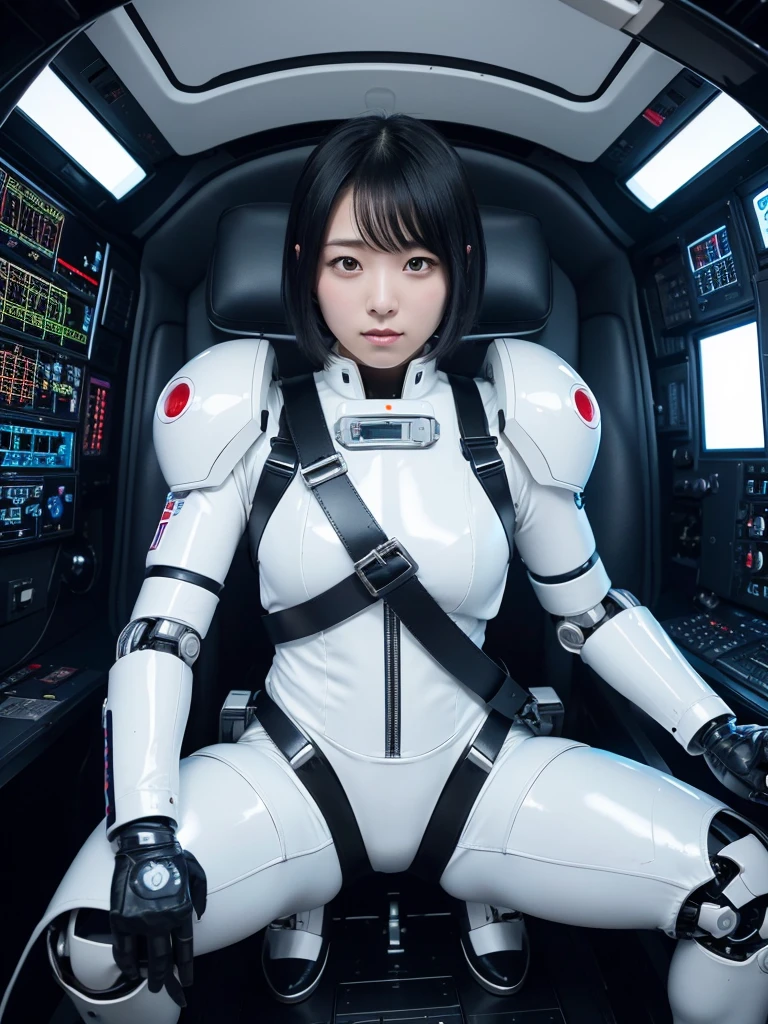 Japanese female android,Black Hair,He is securely fastened to his cockpit seat in a spacecraft by a thick harness.,Chubby,Spread your legs,Squat,Shiny white robot suit,Robotic arms and legs,Surrounded by switches and monitors,