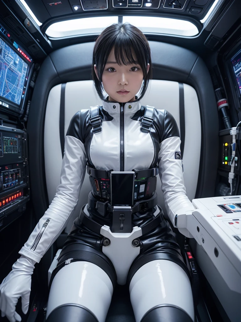 Japanese female android,Black Hair,He is securely fastened to his cockpit seat in a spacecraft by a thick harness.,Chubby,Spread your legs,Squat,Shiny white robot suit,Robotic arms and legs,Surrounded by switches and monitors,