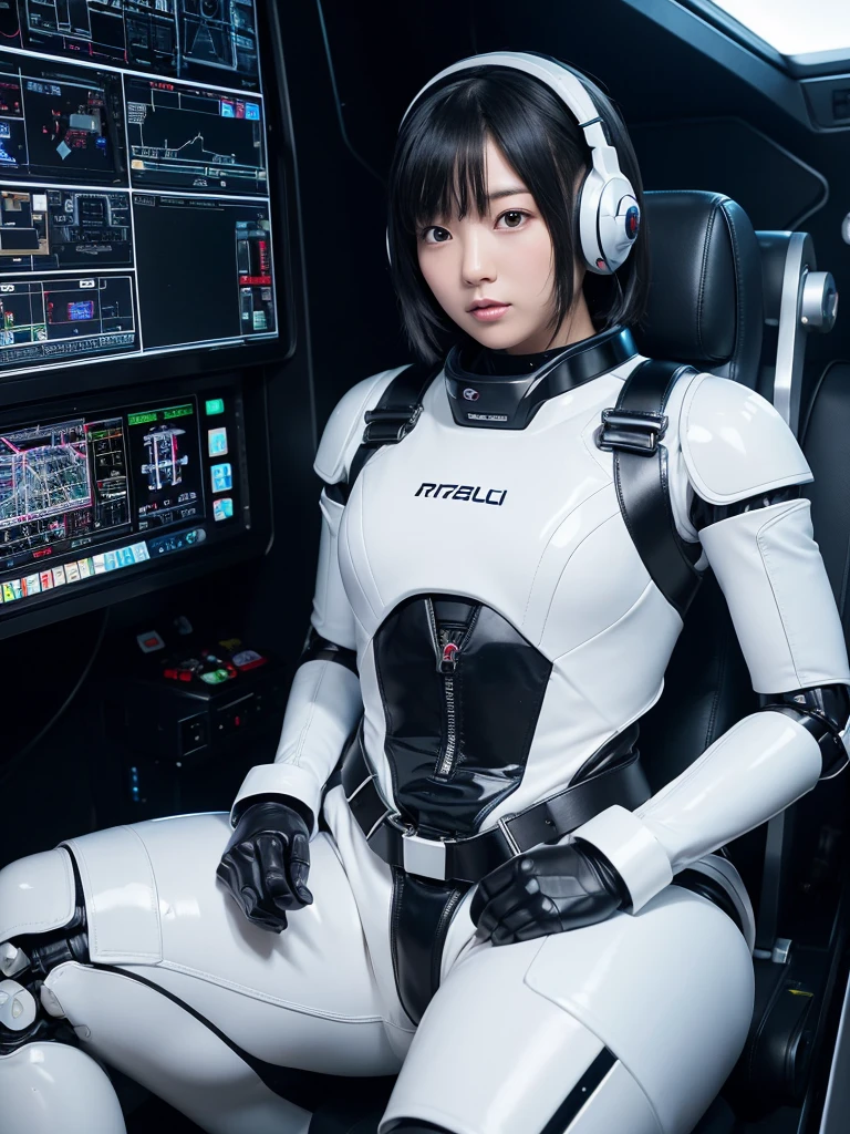 Japanese female android,Black Hair,He is securely fastened to his cockpit seat in a spacecraft by a thick harness.,Chubby,Spread your legs,Squat,Shiny white robot suit,Robotic arms and legs,Surrounded by switches and monitors,
