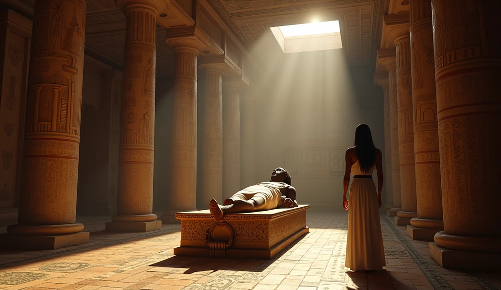 in ancient egypt, in the tomb room, pharaoh lying down, an egyptian watching, cinematic, realistic, 4k