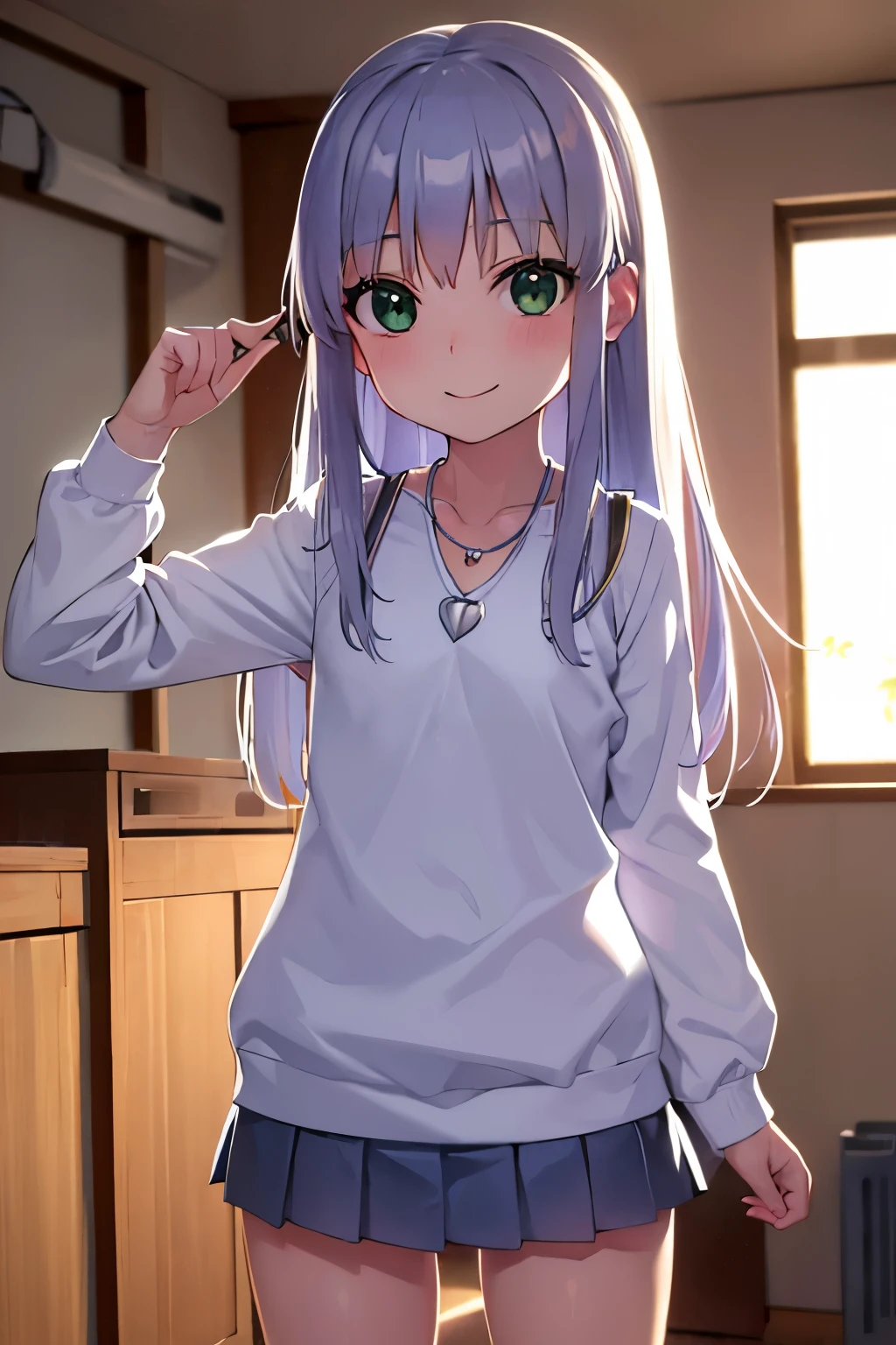 Long silver hair, green eyes, headband, necklace, small, smile, happy, sueter, hood, mini skirt, beautiful thighs, Inside the house, Randoseru, schoolbag