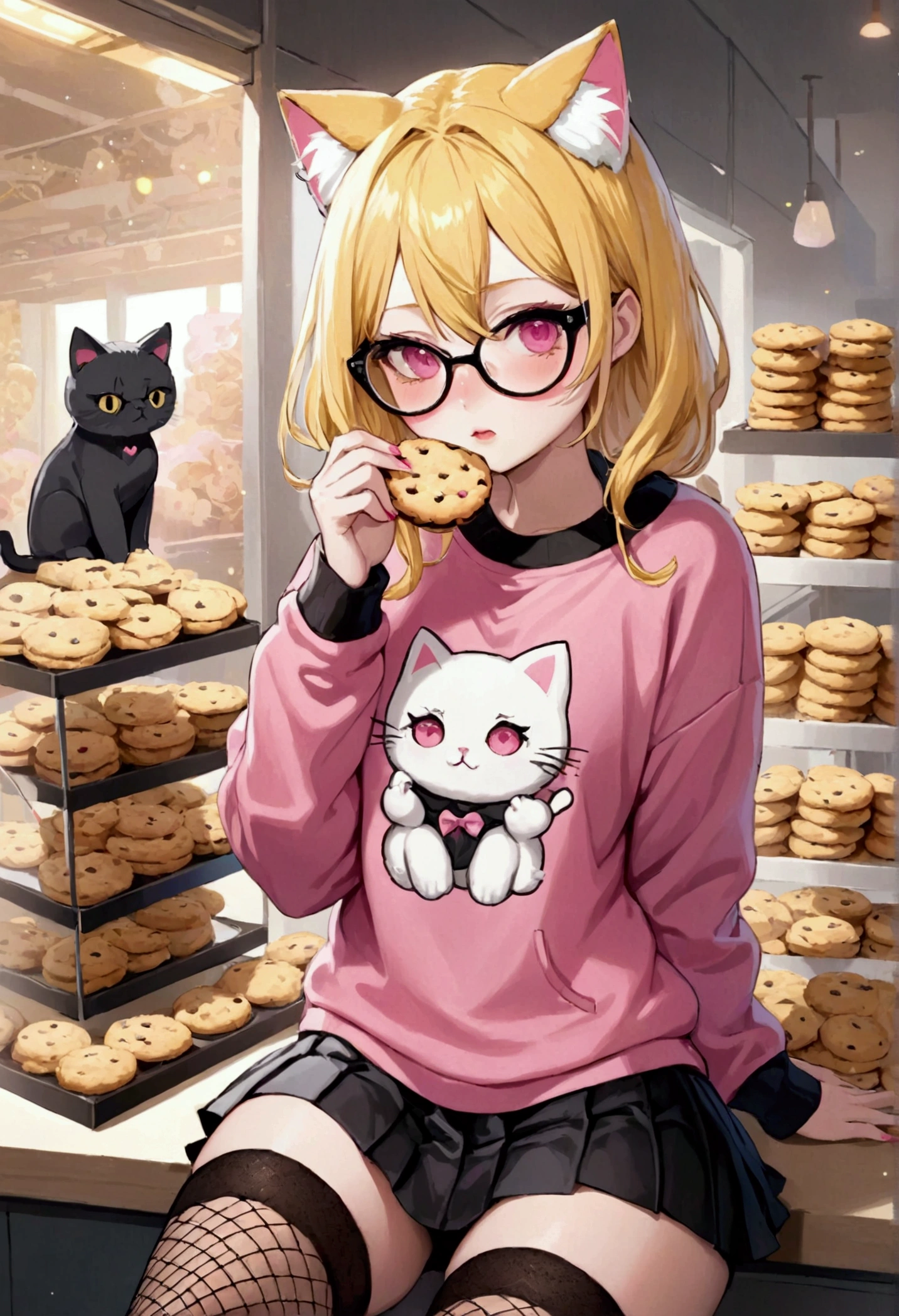 that she has a shy face that she has yellow hair, cat ears, black glasses, pink eyes, a super blushed pink sweatshirt, a low skirt, black shorts, white fishnet stockings that she is a super reserved girl sitting eating cookies