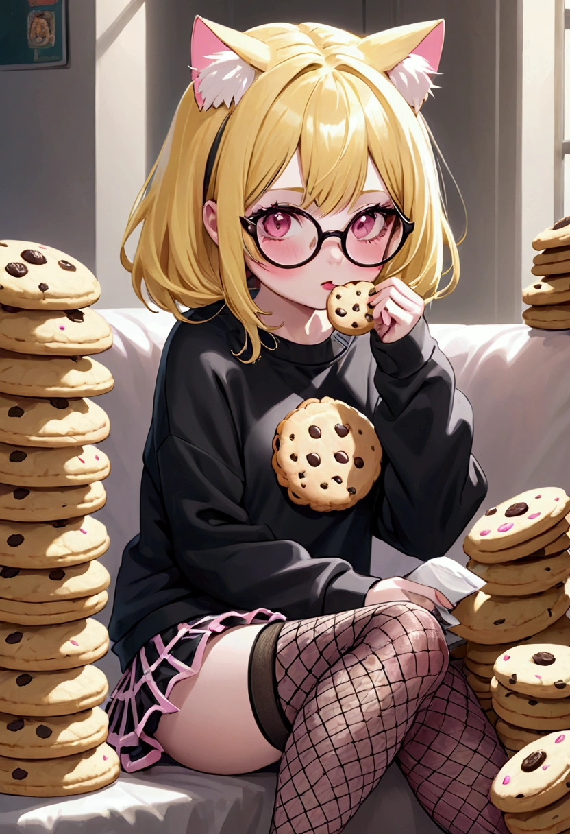 that she has a shy face that she has yellow hair, cat ears, black glasses, pink eyes, a super blushed pink sweatshirt, a low skirt, black shorts, white fishnet stockings that she is a super reserved girl sitting eating cookies