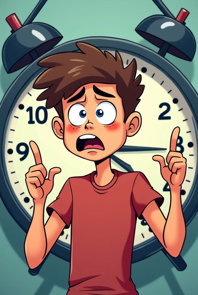 One delivering stress teen boy cartoon pointing in clock in bg
