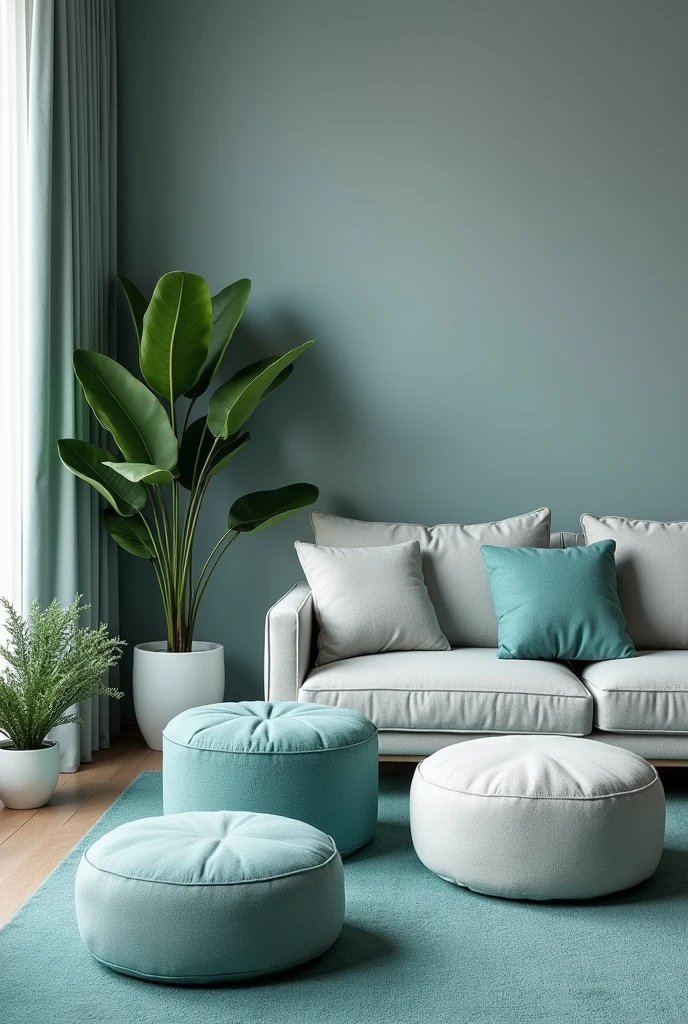 Living room decorated in shades of grey, blue and black turquoise, decorated with succulents and puff