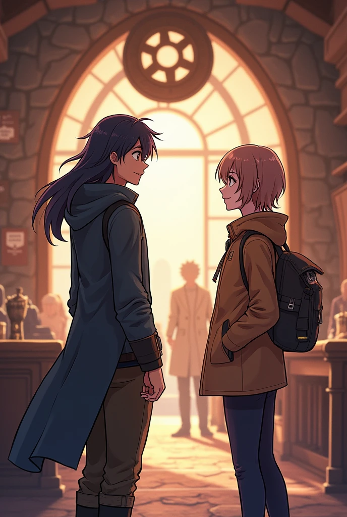 Create a 1 male anime character 2d,
long hair, talking to a short haired girl in the adventurers guild 1
