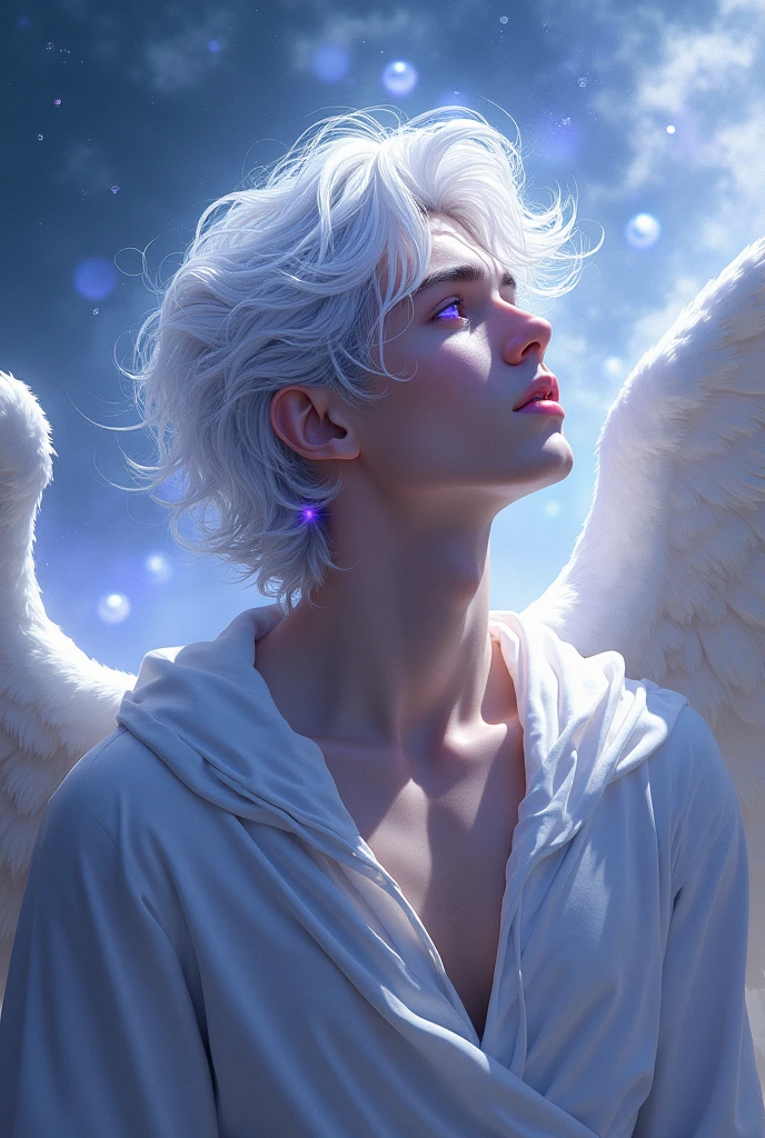 An angel man of , with white hair and purple eyes 