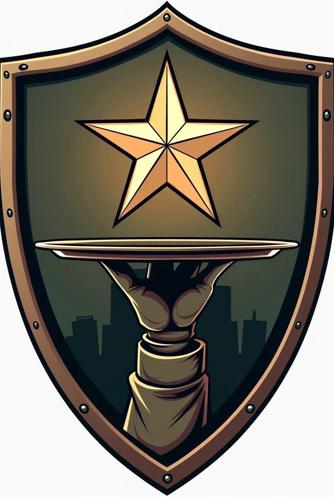 Shield with a military hand holding an open waiter's tray with a floating army star