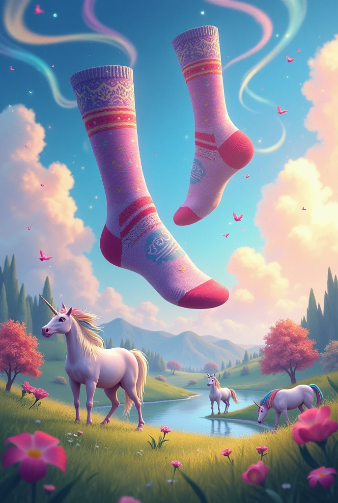 Magical socks flying through a unicorn paradise