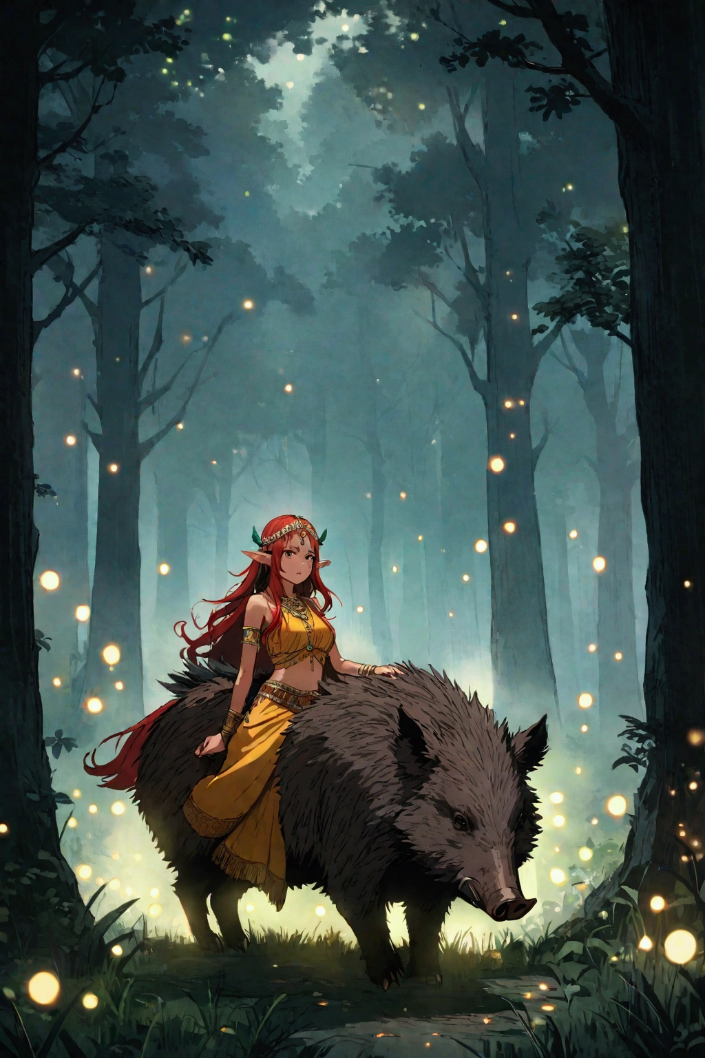 an aggressive red-haired Brazilian girl, dressed as an Indian, elf ears and riding a wild boar with tusks wandering through a misty enchanted forest with light grass and fireflies