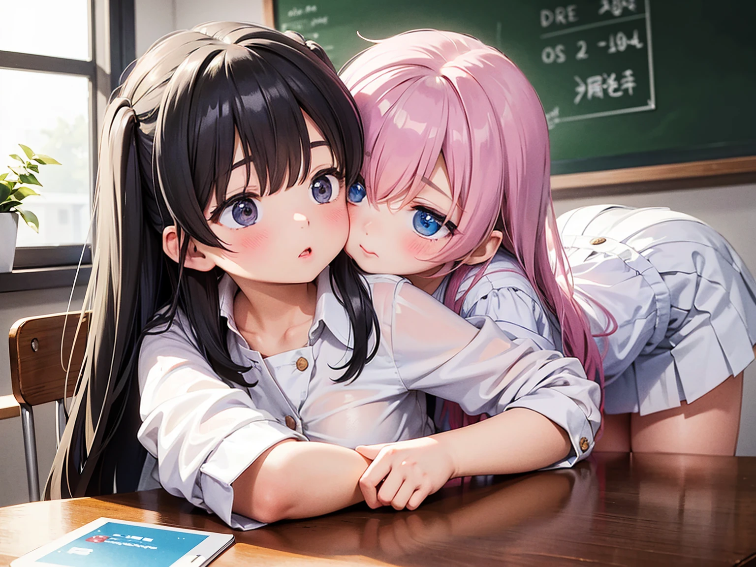 The girl is kissing her sister、Mouth transfer、Kissing a girl on the mouth、Hollow eyes、Drunk Eyes、Girl in white uniform、Red cheeks、Skinny blouse、Medium Long Hair、One-point coloring、Light blue and white、Checkered Skirt、School classroom、In front of the blackboard 、Skinny clothing、Kissing a girl while groping her breasts、He is groping the girl&#39;s breasts through her clothes.、Heavy breathing