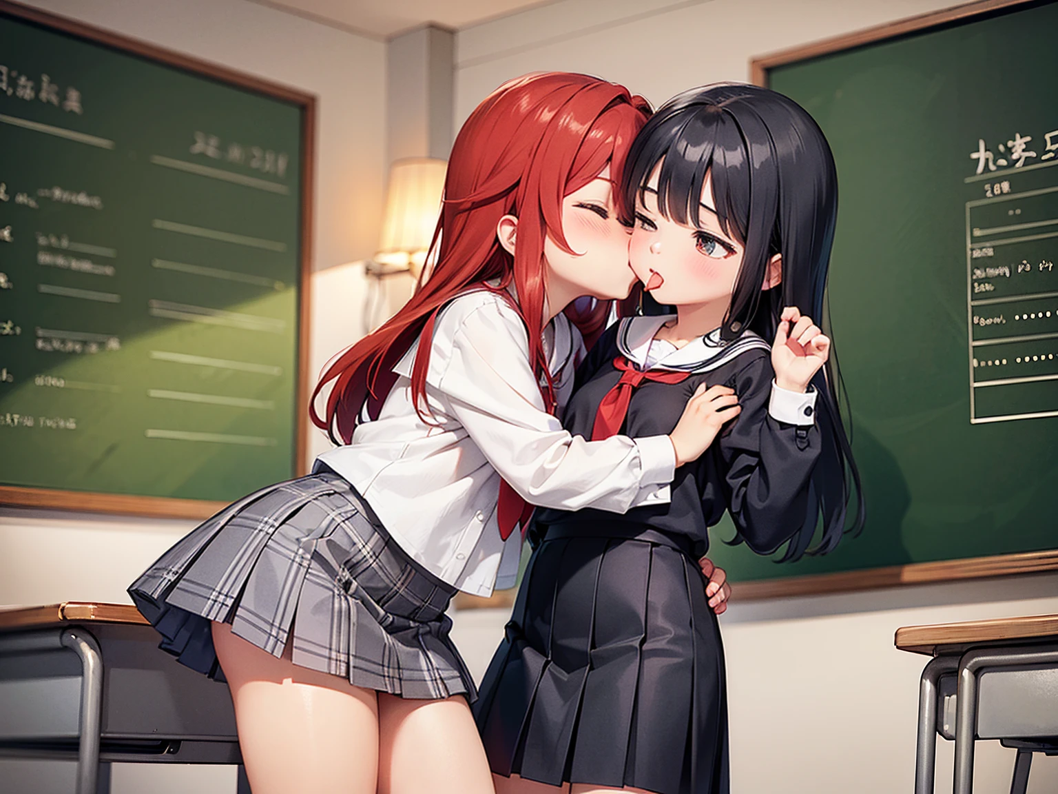 The girl is kissing her sister、Mouth transfer、Kissing a girl on the mouth、Hollow eyes、Drunk Eyes、Girl in white uniform、Red cheeks、Skinny blouse、Medium Long Hair、One-point coloring、Light blue and white、Checkered Skirt、School classroom、In front of the blackboard 、Skinny clothing、Kissing a girl while groping her breasts、He is groping the girl's breasts through her clothes.、Heavy breathing