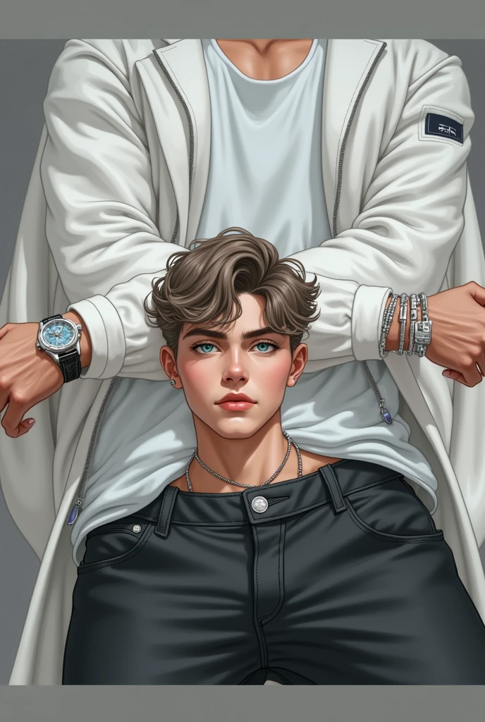 Seventeen-year-old man, six feet nine inches tall, athletic build, slightly wavy light brown hair, approximately four inches tall, green eyes, thick eyelashes, defined eyebrows, thick mouth, wearing black jeans with a belt, a white blouse and a sports jacket, a luxury watch on his wrist, along with sophisticated bracelets and rings.