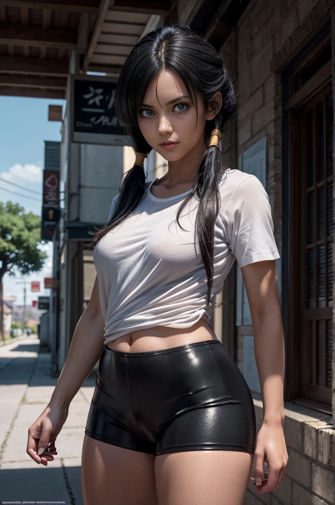 A girl, sexypose, The character videl, fragile,videl, Beautiful figure,white shirt, black hair,pony tails, blue Eyes,black biker shorts, sexy,medium breasts, Realistic, Very detailed, handsome body, Detailed body, Detailed hands, Detailed, Vibrants, Detailed Face,Videl's character design. Very detailed, Detailed body, Detailed hands, Detailed Face, anime art, extremely detailed CG unity 8k wallpaper, detailed light, Cinematic lighting, chromatic aberration, glittering, expressionless, epic composition, dark in the background, Cherecter Desing, Very detailed, Detailed body, Vibrants, Detailed Face, sharp-focus, anime art, Vibrants, Detailed Face, Hugh Details, sharp-focus, Very drooping face, A detailed eye, super fine illustration, better shadow, finely detail, Beautiful detailed glow, Beautiful detailed, Extremely detailed, expressionless, epic composition, Presented at artstation, Octane Render, artstation hd, Cinematic, 4 thousand., hypermaximalist, elegant