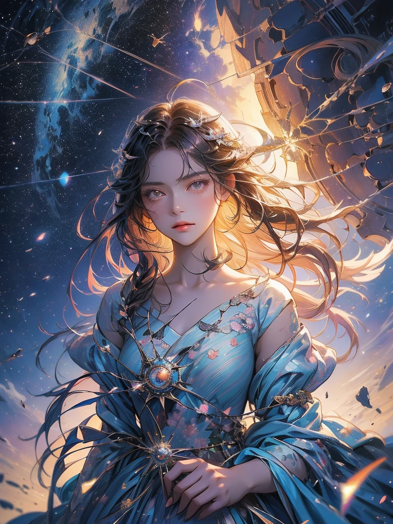 a picture taken from a digital painting of a girl in a dress, an anime drawing by Yuumei, pixiv contest winner, magical realism, beautiful anime artwork, wearing a dress made of stars, beautiful anime art, makoto shinkai cyril rolando, magical dress, anime fantasy artwork, anime fantasy illustration, ethereal anime, dreamlike art