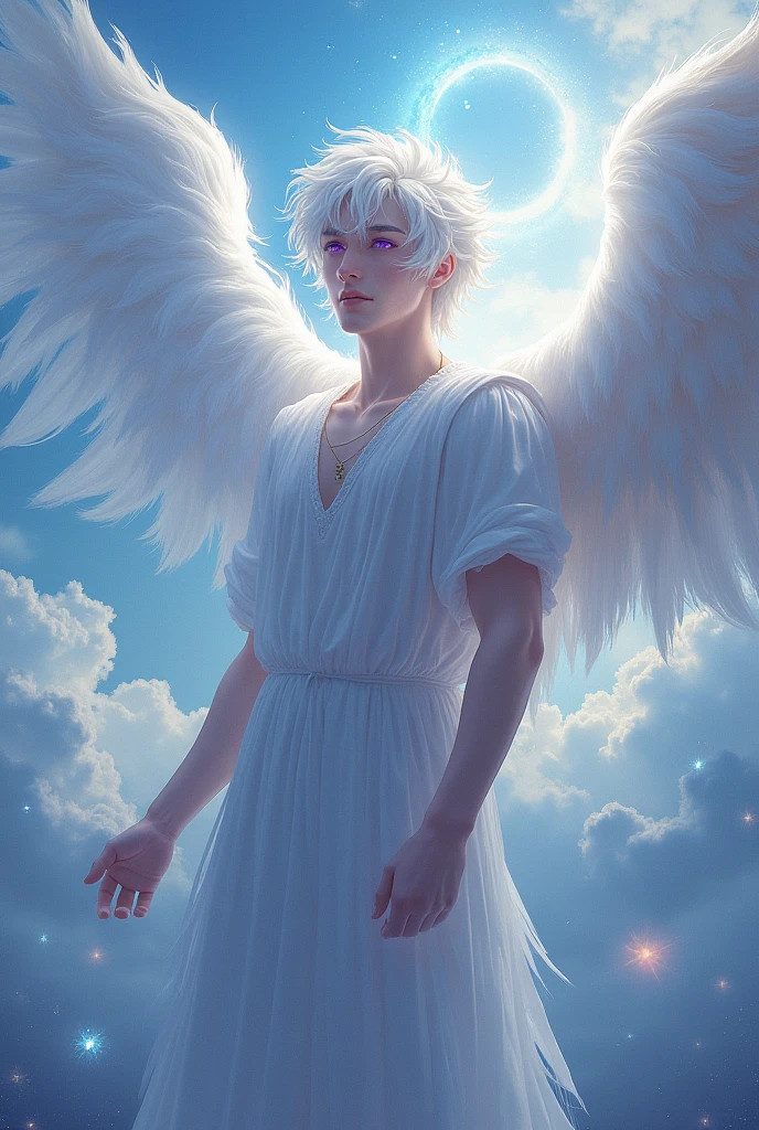 An angel man of , with white hair and purple eyes