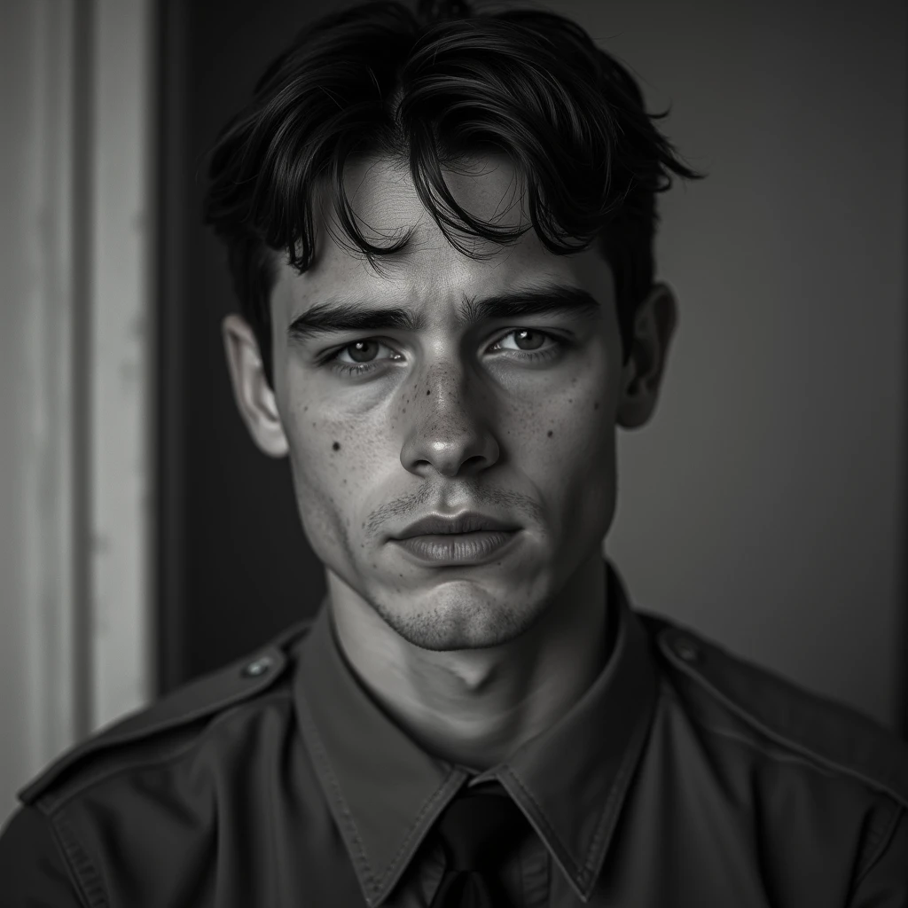 **Photographic description of the scene, 20-year-old soldier returning home The soldier is pictured dressed in soldier uniform, I want an expression of a young man who could have followed other paths in life – a musician, a politician or a father – but who ended up being taken by the war. points to the lack of educational opportunities that could have led the young man to a career in politics, where he could have influenced changes or made important decisions. The lack of proper education prevented him from following this path.. the young man had artistic dreams and aspirations, but was prevented by financial limitations. He could have been a musician, expressing your creativity and passion, but this possibility was denied due to lack of resources.