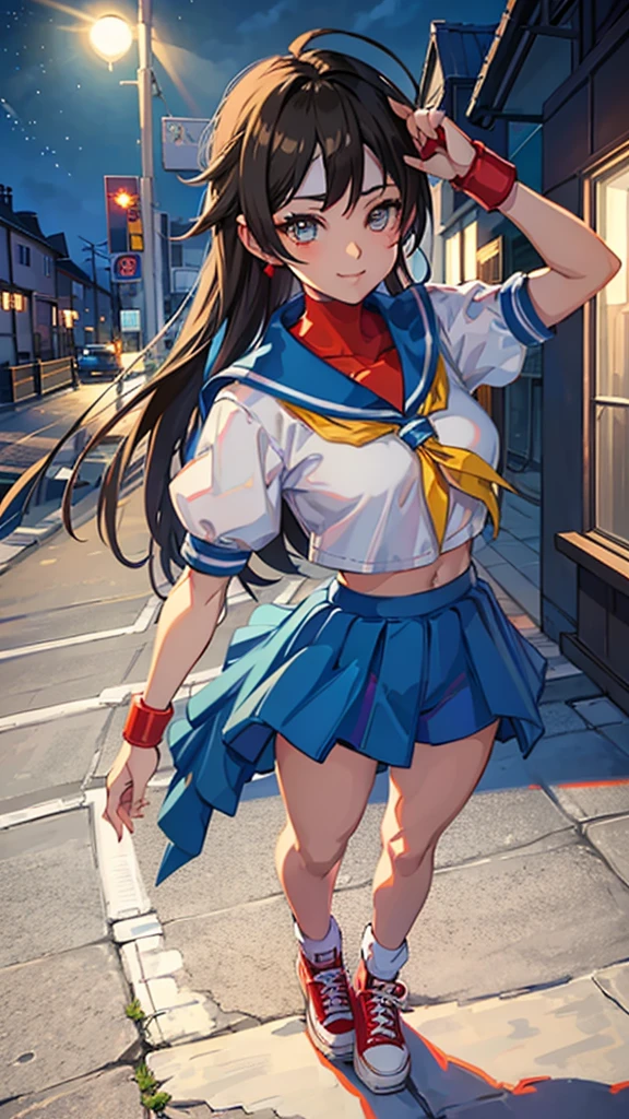 A beautiful anime girl, very beautiful face, cara feliz, smiling, cabello turquesa muy largo, auriculares, ojos turquesa , very detailed eyes, dynamic pose, beautiful body, pechos pequeños , muslos grandes, blusa corta, muestra el ombligo, pantalón vaquero corto, thigh high socks, hermoso cuerpo femenino, body 1:3 , walk down a street at night, house lights, full moon background, maximum quality, Perfect anatomy, masterpiece, HD, well detailed