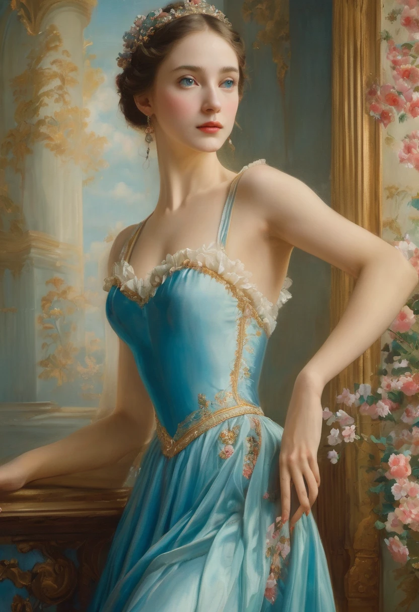 (High resolution,masterpiece:1.2),(Realistic:1.37)"(Highest quality, High resolution, Very detailed, Realistic),Portrait of a beautiful French ballet dancer from the 19th century, (She is half French and half Japanese., She is a beautiful woman with deep blue eyes and a high nose.:1.1), Exquisite ballet costumes, Detailed facial features, Long and graceful neck, Flowing locks of hair, Calm and elegant posture, Soft and delicate lighting, Classical Oil Painting Medium, Vibrant colors, Delicate background with floral motifs", Dreamy atmosphere, Surrealism,Mysterious Aura
