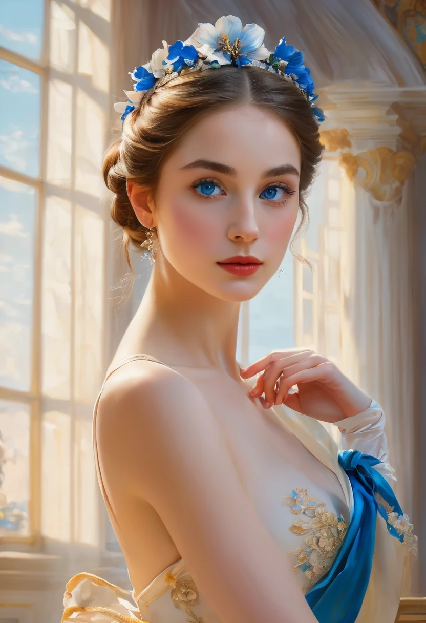 (High resolution,masterpiece:1.2),(Realistic:1.37)"(Highest quality, High resolution, Very detailed, Realistic),Portrait of a beautiful French ballet dancer from the 19th century, (She is half French and half Japanese., She is a beautiful woman with deep blue eyes and a high nose.:1.1), Exquisite ballet costumes, Detailed facial features, Long and graceful neck, Flowing locks of hair, Calm and elegant posture, Soft and delicate lighting, Classical Oil Painting Medium, Vibrant colors, Delicate background with floral motifs", Dreamy atmosphere, Surrealism,Mysterious Aura