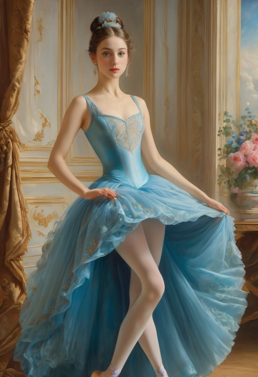 (High resolution,masterpiece:1.2),(Realistic:1.37)"(Highest quality, High resolution, Very detailed, Realistic),Portrait of a beautiful French ballet dancer from the 19th century, (She is half French and half Japanese., She is a beautiful woman with deep blue eyes and a high nose.:1.1), Exquisite ballet costumes, Detailed facial features, Long and graceful neck, Flowing locks of hair, Calm and elegant posture, Soft and delicate lighting, Classical Oil Painting Medium, Vibrant colors, Delicate background with floral motifs", Dreamy atmosphere, Surrealism,Mysterious Aura