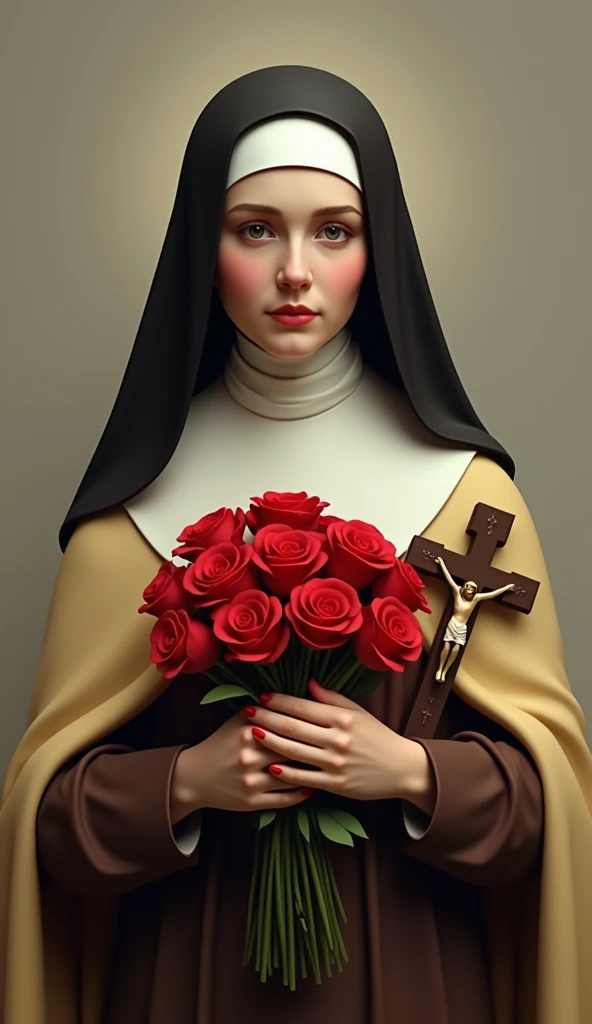 Generates an image of Saint Therese, dressed in a brown habit, black veil,  a light yellow cloak over the habit, a religious nun, holding a bouquet of roses vermelhas and a crucifix. she is portrayed with a contemplative expression, reflecting his deep spirituality and communion with God, she has on average 24