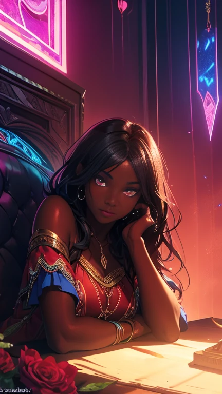 (Solo beautiful black woman with brown skin and captivating eyes)), wearing a pretty bohemian dress she is sitting in a arched alcove that is surrounded pink, red, purple, blue, red, orange roses, clearly defined facial features, clearly defined eyes, Ben Bauchau, Jean Baptiste Monge, strybk style, warm dreamy lighting, matte background, modern, volumetric lighting, dynamic gradients, bold color and electric colors, illustration, highly detailed, simple, smooth, curves, no jagged lines, johan grenier, character design, 3d shadowing, fanbox, cinematic, ornate motifs, elegant, posterized, masterpiece, fluorescent, glowing, TXAA, penumbra, wet gouache