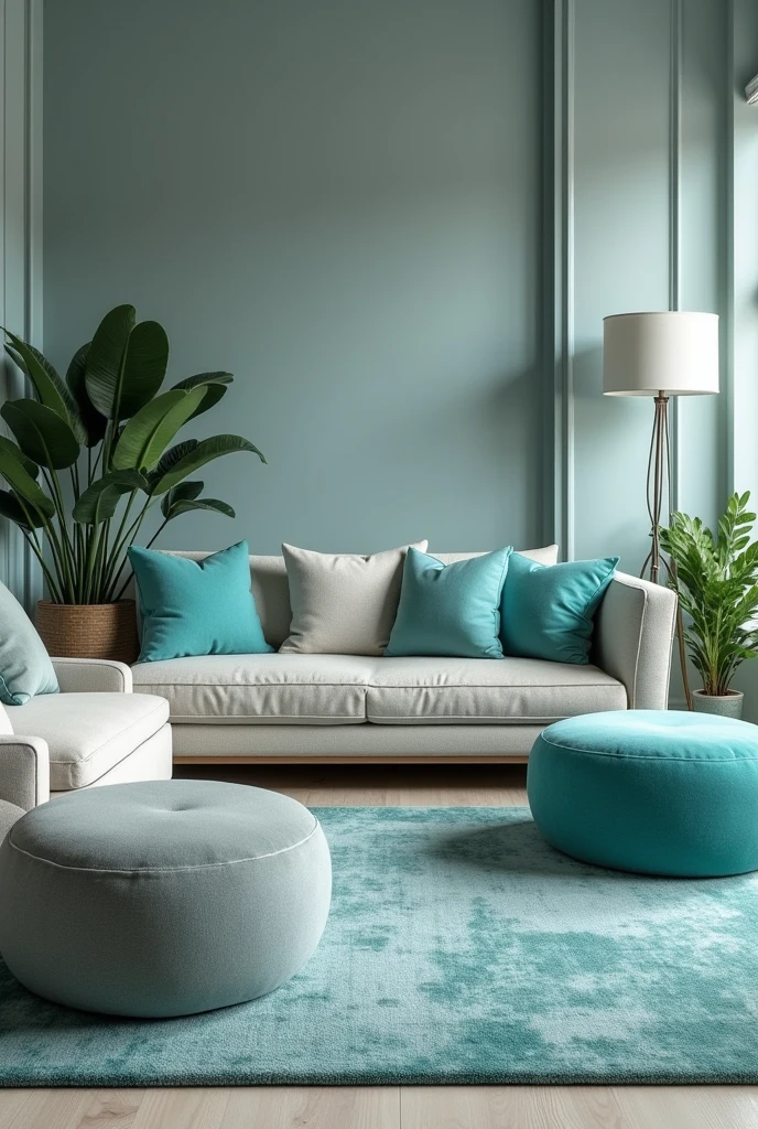 Living room decorated in shades of grey, blue and black turquoise, decorated with succulents and puff