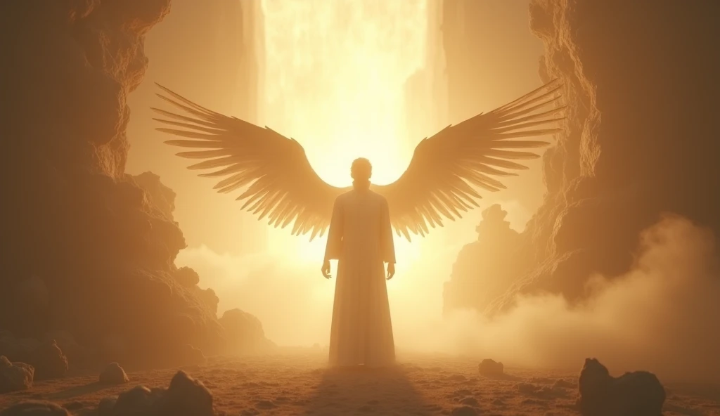 Create an ultra-realistic image that embodies the essence of Psalm 91. Depict a serene and protective scene where a person is enveloped in a divine light, symbolizing God's protection. Surround the person with the imagery of angels, their wings extended, guarding and sheltering them from harm. The environment should evoke peace and safety, with the person standing confidently, knowing they are under the shadow of the Almighty. In the background, include subtle elements like a shield and fortress to represent the metaphors used in the psalm. The overall mood of the image should convey unwavering faith, divine protection, and the powerful reassurance found in the words of Psalm 91.