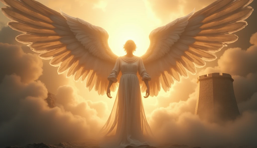 Create an ultra-realistic image that embodies the essence of Psalm 91. Depict a serene and protective scene where a person is enveloped in a divine light, symbolizing God's protection. Surround the person with the imagery of angels, their wings extended, guarding and sheltering them from harm. The environment should evoke peace and safety, with the person standing confidently, knowing they are under the shadow of the Almighty. In the background, include subtle elements like a shield and fortress to represent the metaphors used in the psalm. The overall mood of the image should convey unwavering faith, divine protection, and the powerful reassurance found in the words of Psalm 91.