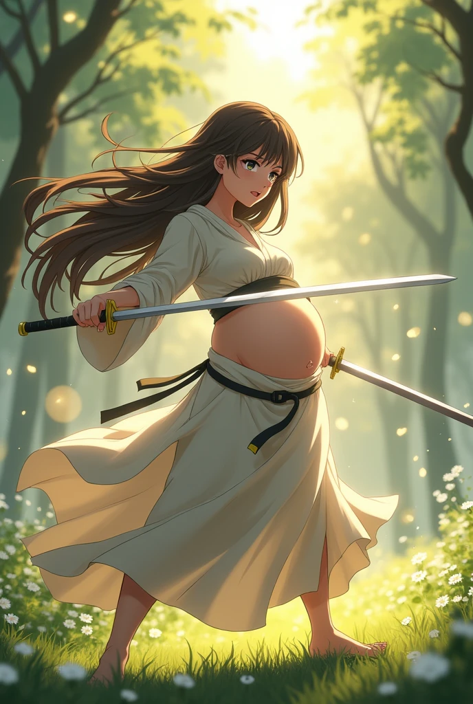 Pregnant anime girl singing sword fighting navel