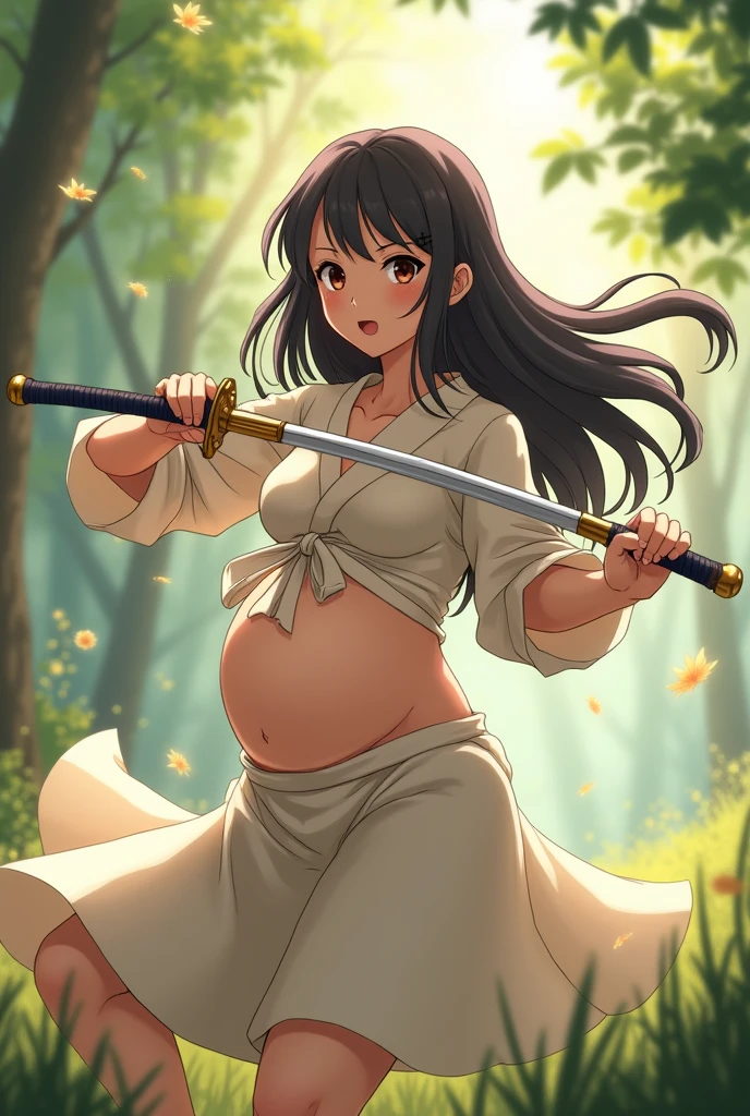 Pregnant anime girl singing sword fighting navel 