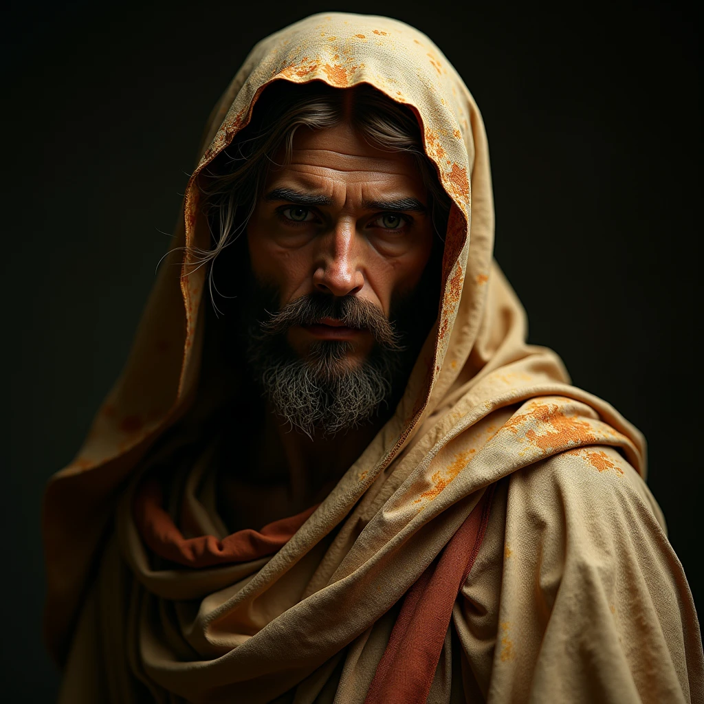 the Shroud of Turin, PRIINTED IMAGE OF JESUS realistic, hyper realistic, high quality, intricate details, accurate representation, beautiful lighting, dramatic shadows, soft colors, cinematic lighting, 8k, masterpiece, photographic realism, realistic textures, realistic folds and creases, realistic fibers and weave, realistic aging and discoloration, realistic imperfections, realistic blood stains, realistic skin tones, realistic hair and beard, dramatic lighting, dramatic shadows, soft lighting, dramatic atmosphere, dramatic scene