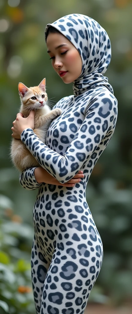 the beautiful,slender thin and prettiest Asian and Malaysian muslimah adult girl with beautiful cheeks wears white leopard print lycra turtleneck unitard catsuit covered with black seamless spots and always wear white leopard print lycra elastane stretchy dance wear hijab covered with black seamless spots.She rears her pet cat and kittens.