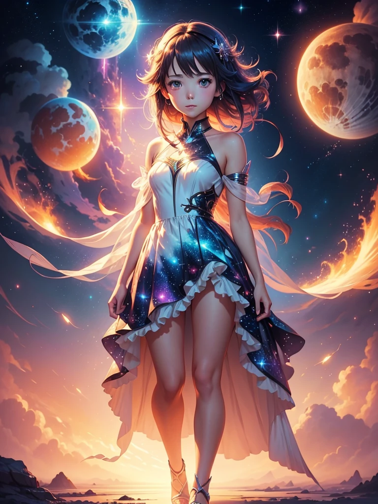 a picture taken from a digital painting of a girl in a dress, beautiful anime artwork, wearing a dress made of stars, beautiful anime art, makoto shinkai cyril rolando, magical dress, anime fantasy illustration, anime fantasy artwork, ethereal anime, anime girl with cosmic hair, dreamlike art, cosmic skies. by makoto shinkai, anime art wallpaper 4 k