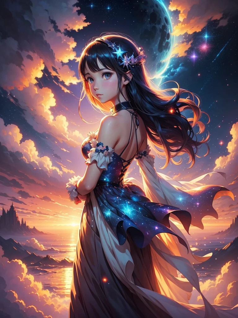 a picture taken from a digital painting of a girl in a dress, beautiful anime artwork, wearing a dress made of stars, beautiful anime art, makoto shinkai cyril rolando, magical dress, anime fantasy illustration, anime fantasy artwork, ethereal anime, anime girl with cosmic hair, dreamlike art, cosmic skies. by makoto shinkai, anime art wallpaper 4 k