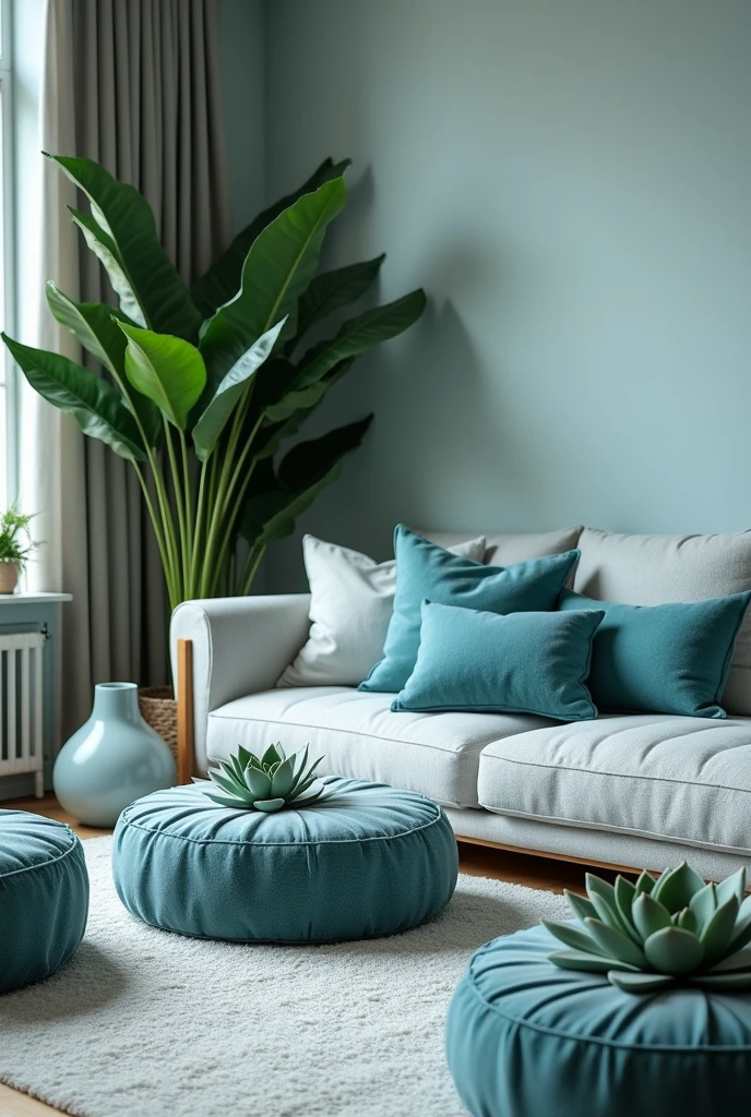 Living room decorated in shades of grey, blue and black turquoise, decorated with succulents and puff 