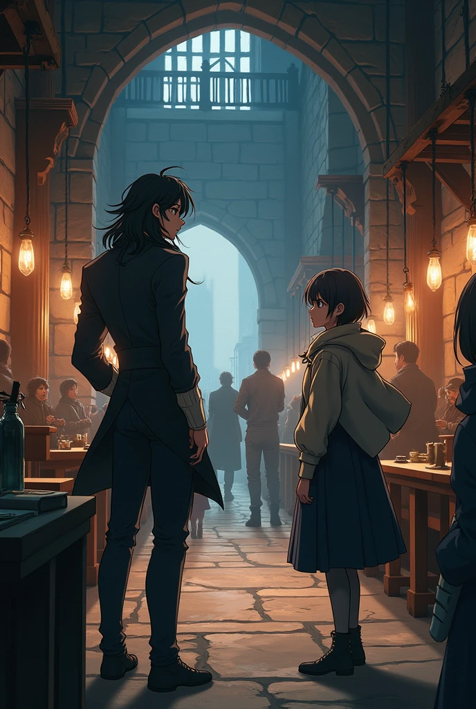 Create a 1 male anime character 2d,
long hair, talking to a short haired girl in the adventurers guild 1, na era medieval