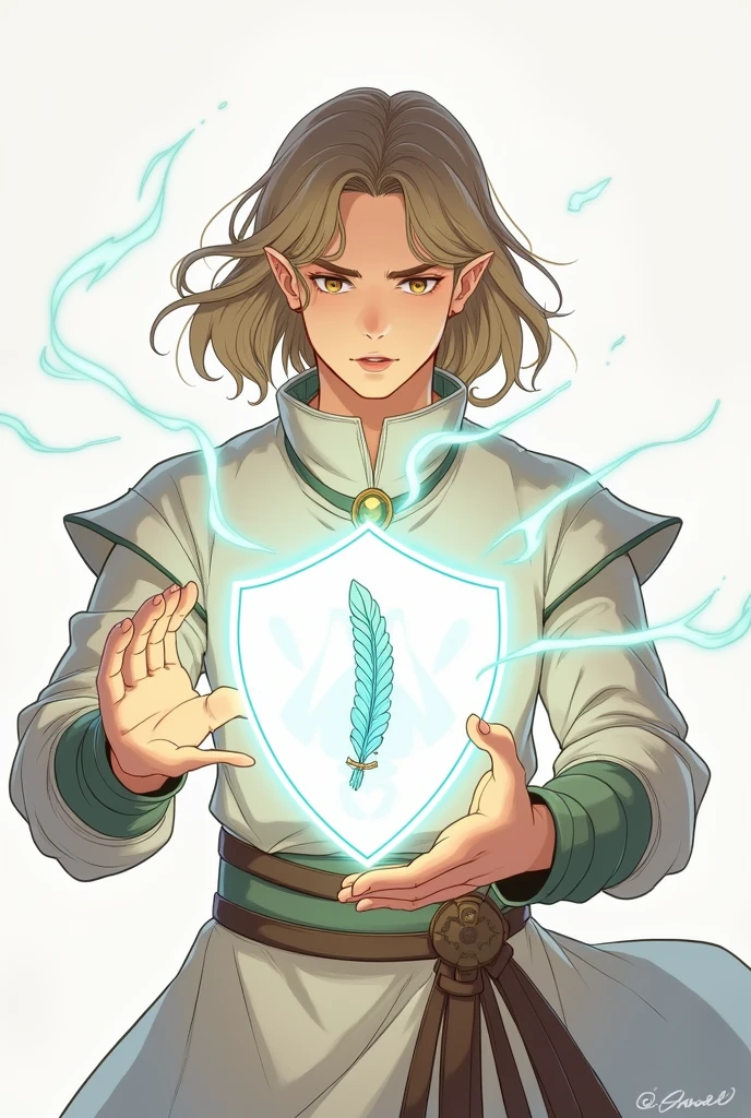 a young half-elf man with delicate, feminine features and shoulder-length light brown hair.
wearing white medieval clothing with a symbol of a light blue feather over a red heart drawn on the clothes at chest height.
emitting light from the hands to form a shield against attackers in the style of a medieval anime drawing