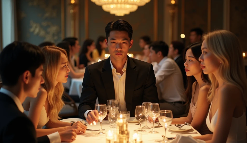 Asian man 3 at a dinner table with several people looking with desire at an Asian woman 30 years old long blonde hair