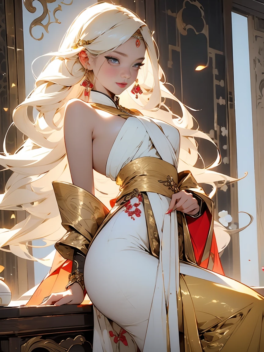 A beautiful lady, with a long strapless golden hanfu that covered her beautiful and mature body to the floor her skin was a milky white and creamy tone with a pink tint in the sensitive areas that made a beautiful contrast with the golden dress and her full figure whether it was the hips or bust they were succulent to the eyes, a delicate face, thin lips and thin nose, Her eyelashes were golden which matched her golden eyes and long golden hair that ended at her ass.