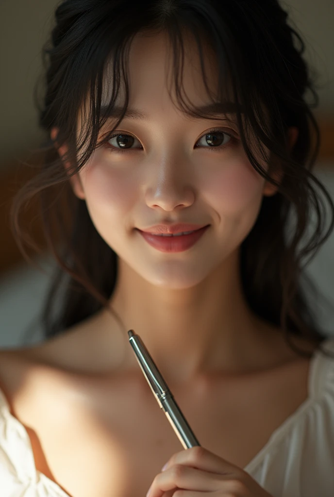 NSFW,hashimoto kanna,1 chico,pen,((handwork,pen,Bring your face to the pen)),(8k, Raw image, Best Quality, masterpiece: 1.2), (realist, realistic photo: 1.37), 1 girl, Japan,bed, Professional lighting, smile, {{completamente naked}}, slender,looking at the view, Beautiful woman with perfect figure, slender , Highly detailed facial and skin texture, hashimoto kanna,((seductive)), raw photography, Single woman, raw photo,           NSFW, (hashimoto kanna)1 girl,Alone, super fine an extremely delicate and beautiful, Best Quality, naked, luxurious bedroom,((masterpiece)), ((Best Quality)), (ultra detailed), ((an extremely delicate and beautiful)), ((1 girl)), (beautiful detailed eyes),(1 chico,detailed pen), extremely detailed face,(hashimoto kanna), cute smile,bare one's teeth and smile,hashimoto kanna, (((completamente naked))),facial focus, close up, 1 girl, hashimoto kanna,1 chico,pen,((( to throw, Bring your face to the pen,handwork pen,from below))), simple background