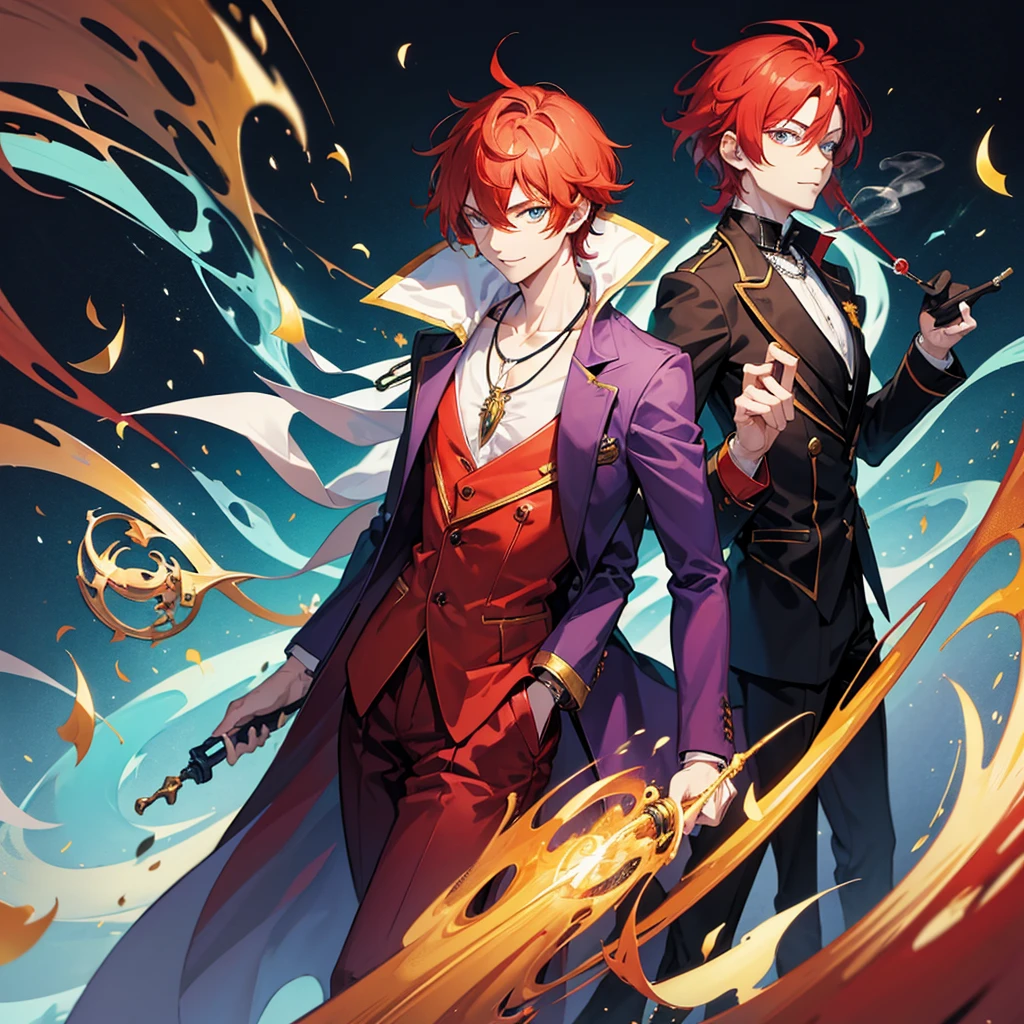 One anime guy dressing a fine jacket and a necklace. with red hair. Eyes on a mix of cyan, yellow, red and purple. smoking a pipe. sarcastic smile. Standing up