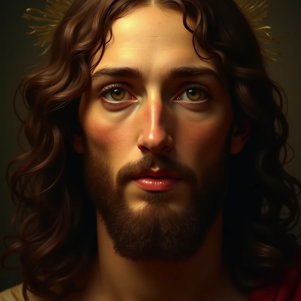 a detailed portrait {[full bodyof jesus]], beautiful detailed eyes, beautiful detailed lips, extremely detailed face, long eyelashes, religious, spiritual, serene expression, divine light, heavenly glow, glowing aura, cinematic lighting, dramatic lighting, chiaroscuro, renaissance style, oil painting, detailed brushstrokes, highly realistic, photorealistic, 8k, best quality, masterpiece